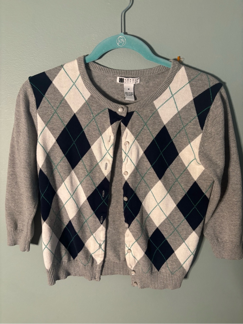 VTG Carole Little Argyle Sweater Cardigan - Gray Navy White M (see measurement